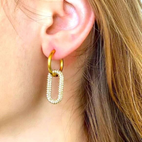 Gold Hoop Crystal Link Drop Earrings - NEW - Picture 1 of 4